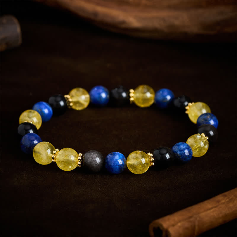 Buddha Stones Bracelet Sérénité en perles de lapis-lazuli, obsidienne argentée et citrine - image 2