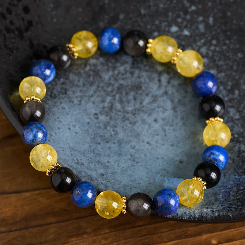 Buddha Stones Bracelet Sérénité en perles de lapis-lazuli, obsidienne argentée et citrine - image 3