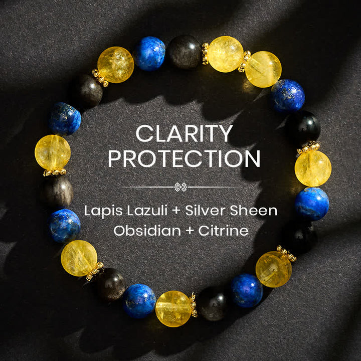 Buddha Stones Bracelet Sérénité en perles de lapis-lazuli, obsidienne argentée et citrine - 8 mm - image 0