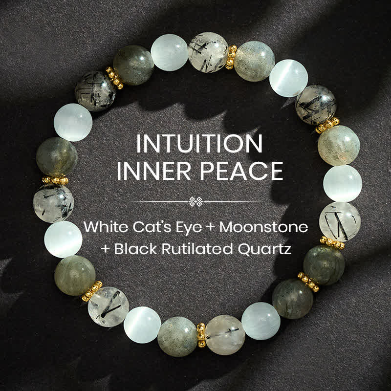 Buddha Stones Bracelet d'abondance en pierre de lune œil-de-chat blanche et perles de quartz rutile noir - 8 mm - image 0