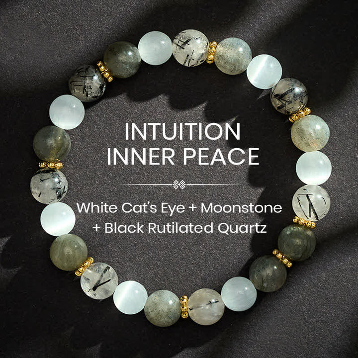 Buddha Stones Bracelet d'abondance en pierre de lune œil-de-chat blanche et perles de quartz rutile noir - 8 mm - image 0