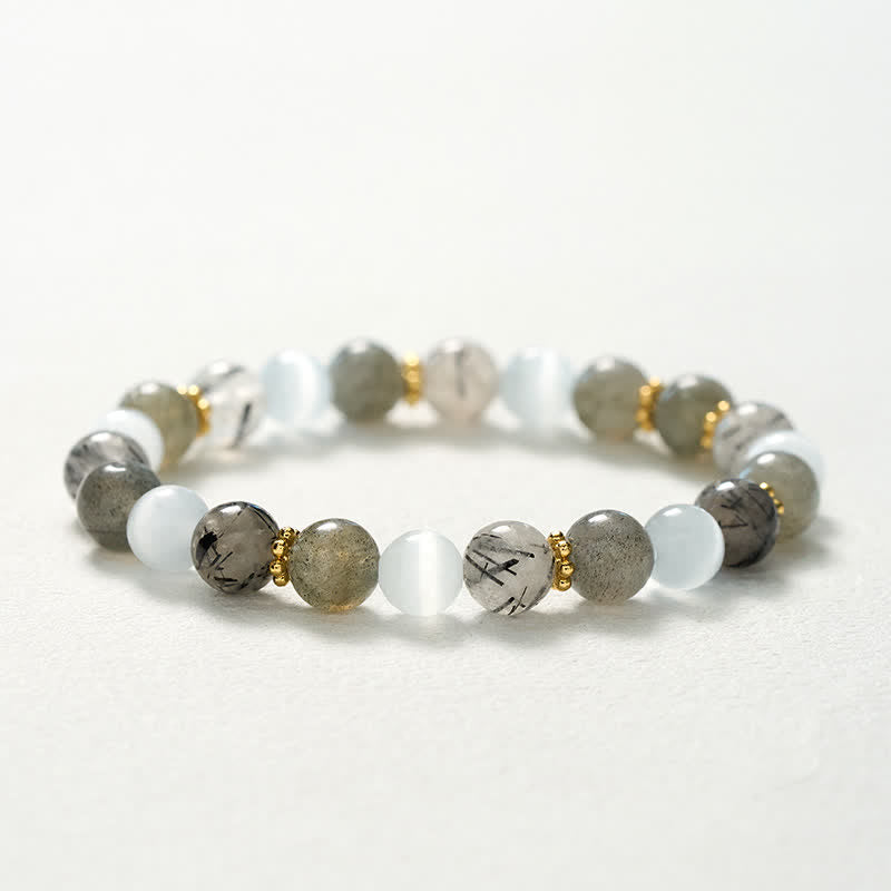 Buddha Stones Bracelet d'abondance en pierre de lune œil-de-chat blanche et perles de quartz rutile noir - image 10