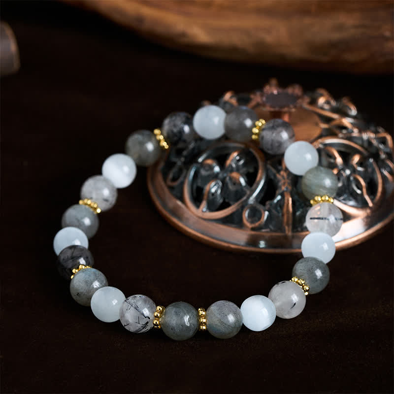Buddha Stones Bracelet d'abondance en pierre de lune œil-de-chat blanche et perles de quartz rutile noir - image 1