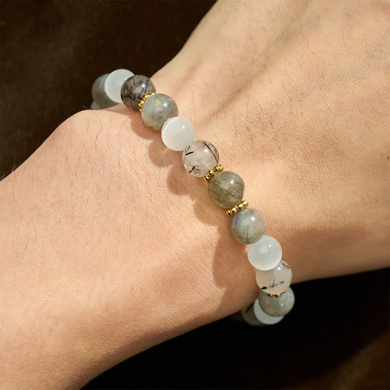 Buddha Stones Bracelet d'abondance en pierre de lune œil-de-chat blanche et perles de quartz rutile noir - image 4