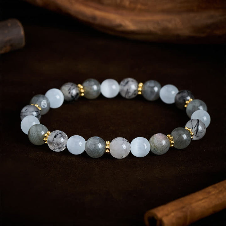 Buddha Stones Bracelet d'abondance en pierre de lune œil-de-chat blanche et perles de quartz rutile noir - image 2