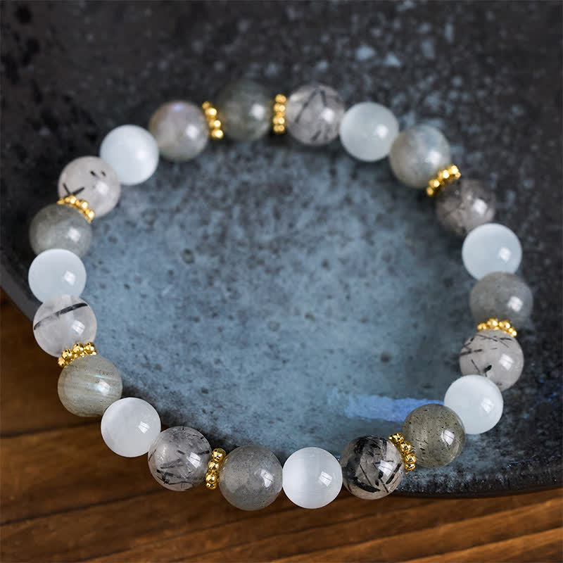 Buddha Stones Bracelet d'abondance en pierre de lune œil-de-chat blanche et perles de quartz rutile noir - image 3
