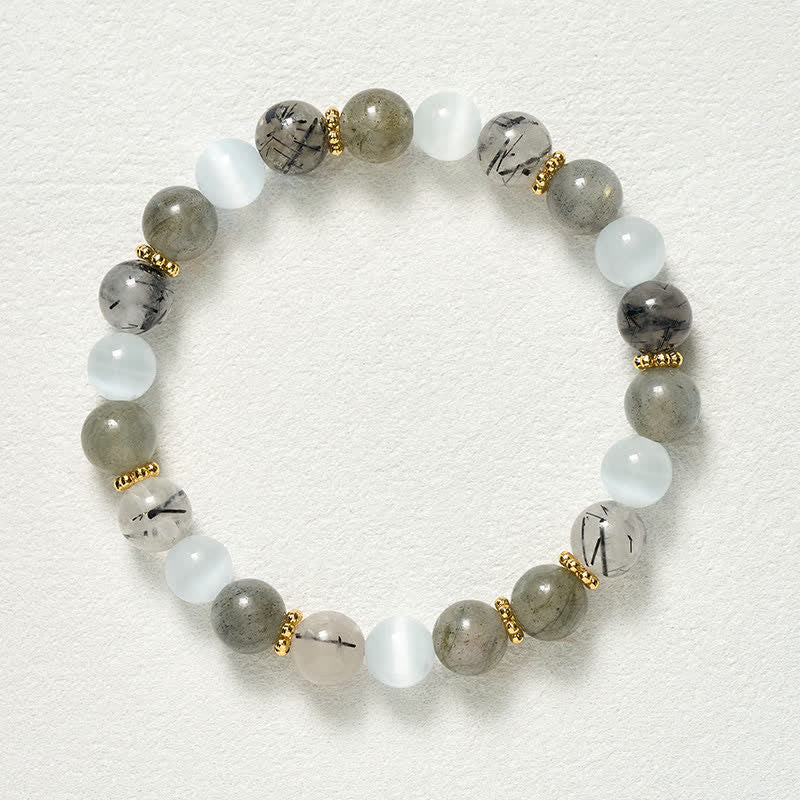 Buddha Stones Bracelet d'abondance en pierre de lune œil-de-chat blanche et perles de quartz rutile noir - image 9