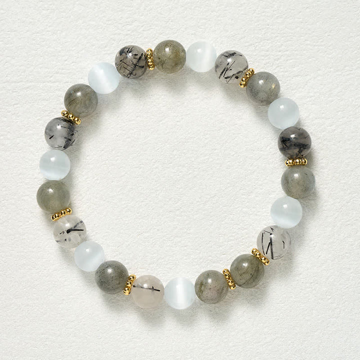 Buddha Stones Bracelet d'abondance en pierre de lune œil-de-chat blanche et perles de quartz rutile noir - image 9