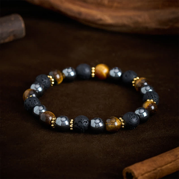 Buddha Stones Bracelet de force en perles d'hématite et de roche volcanique œil de tigre - image 2