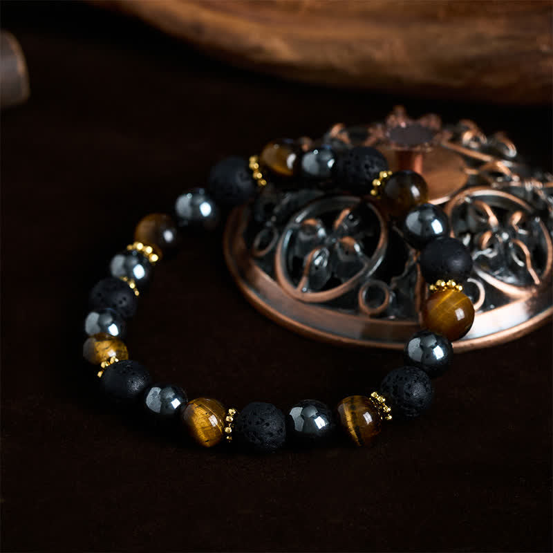 Buddha Stones Bracelet de force en perles d'hématite et de roche volcanique œil de tigre - image 1