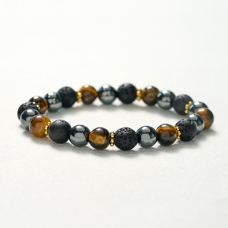 Buddha Stones Bracelet de force en perles d'hématite et de roche volcanique œil de tigre - image 10