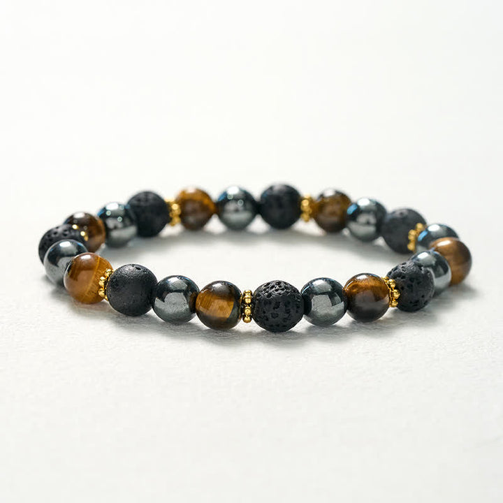 Buddha Stones Bracelet de force en perles d'hématite et de roche volcanique œil de tigre - image 10