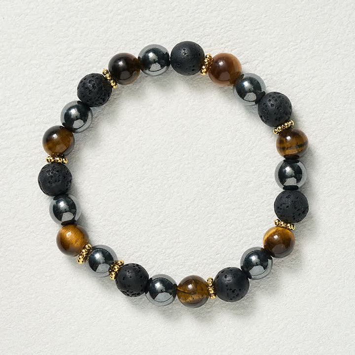 Buddha Stones Bracelet de force en perles d'hématite et de roche volcanique œil de tigre - image 9