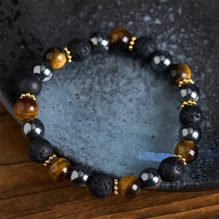 Buddha Stones Bracelet de force en perles d'hématite et de roche volcanique œil de tigre - image 3