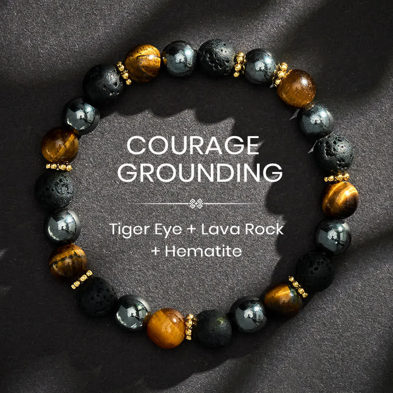 Buddha Stones Bracelet de force en perles d'hématite et de roche volcanique œil de tigre - 8 mm - image 0