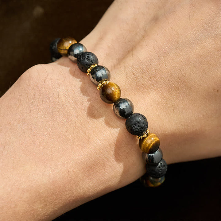 Buddha Stones Bracelet de force en perles d'hématite et de roche volcanique œil de tigre - image 4