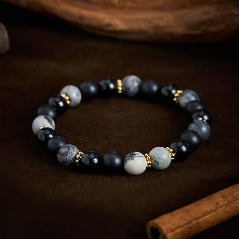 Buddha Stones Bracelet d'activation en perles de jaspe gris et d'obsidienne noire givrée - image 3