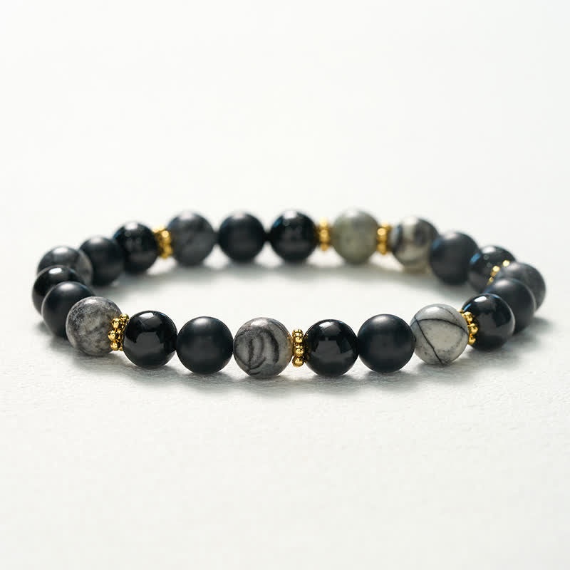 Buddha Stones Bracelet d'activation en perles de jaspe gris et d'obsidienne noire givrée - image 10