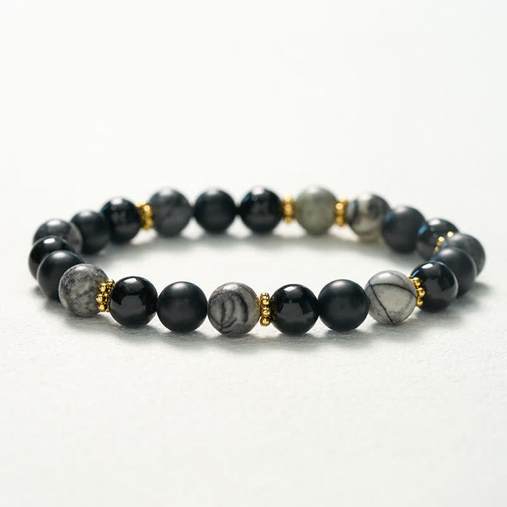 Buddha Stones Bracelet d'activation en perles de jaspe gris et d'obsidienne noire givrée - image 10