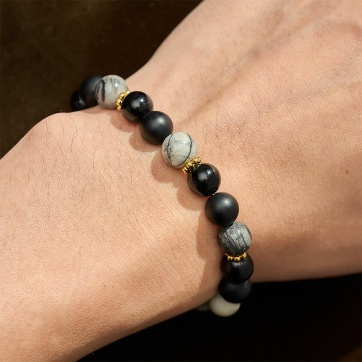 Buddha Stones Bracelet d'activation en perles de jaspe gris et d'obsidienne noire givrée - image 4