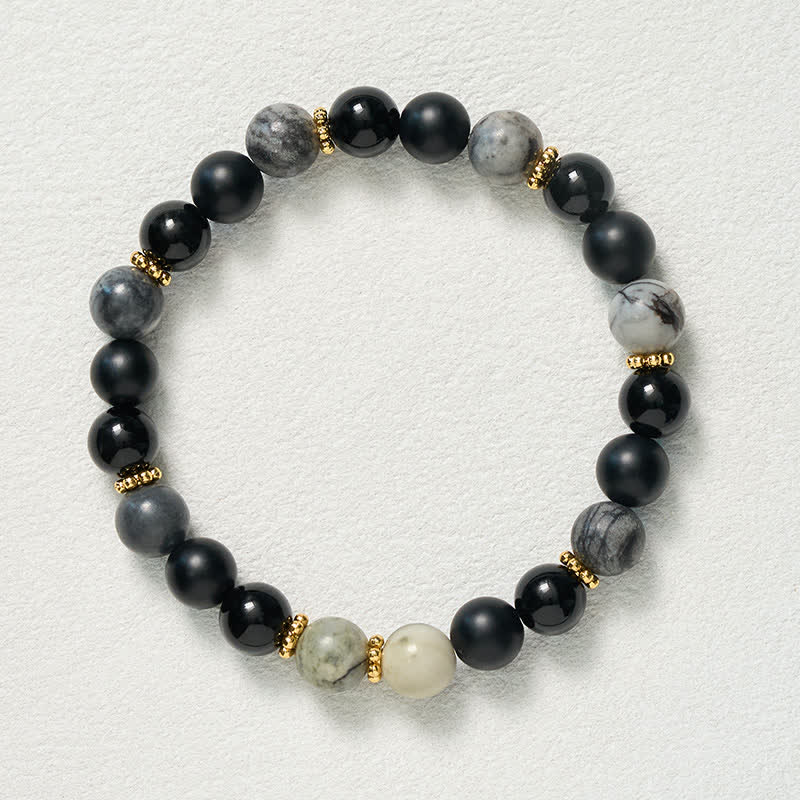 Buddha Stones Bracelet d'activation en perles de jaspe gris et d'obsidienne noire givrée - image 9