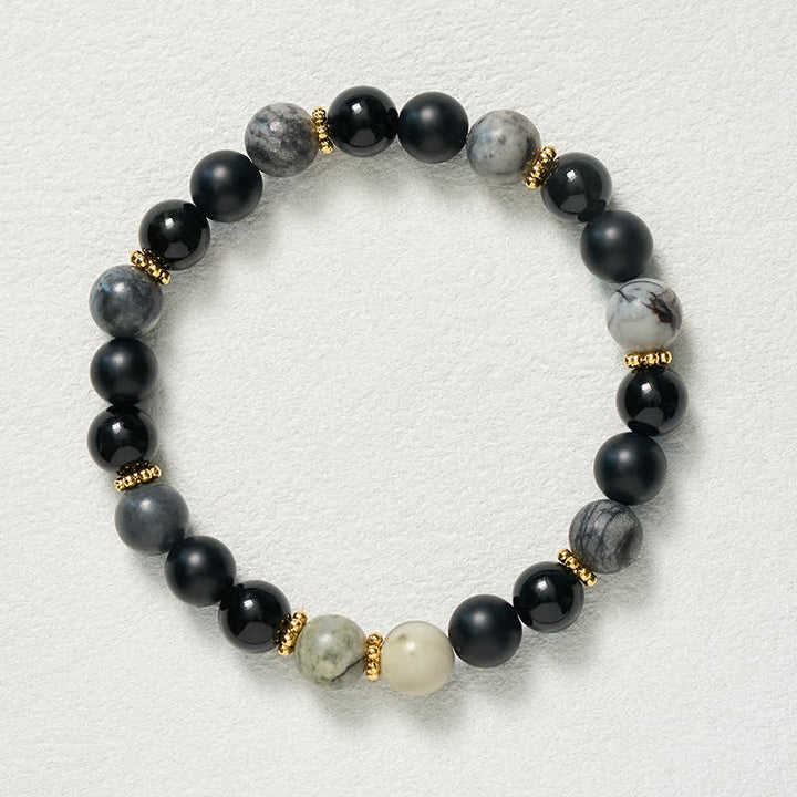 Buddha Stones Bracelet d'activation en perles de jaspe gris et d'obsidienne noire givrée - image 9