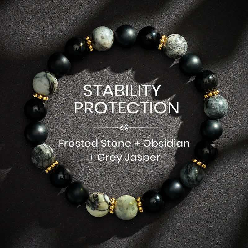 Buddha Stones Bracelet d'activation en perles de jaspe gris et d'obsidienne noire givrée - 8 mm - image 0