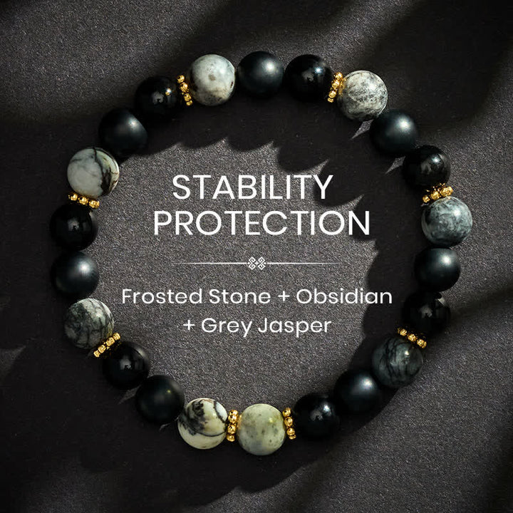 Buddha Stones Bracelet d'activation en perles de jaspe gris et d'obsidienne noire givrée - 8 mm - image 0