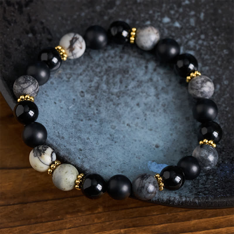 Buddha Stones Bracelet d'activation en perles de jaspe gris et d'obsidienne noire givrée - image 2