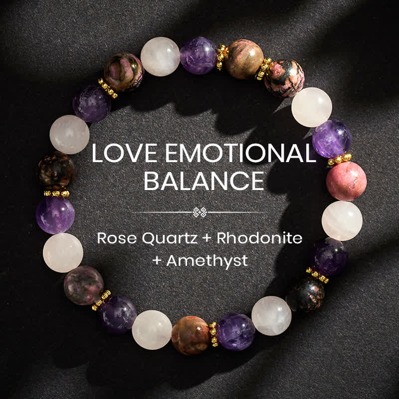 Buddha Stones Bracelet de paix en perles de quartz rose, rhodonite et améthyste - 8 mm - image 0