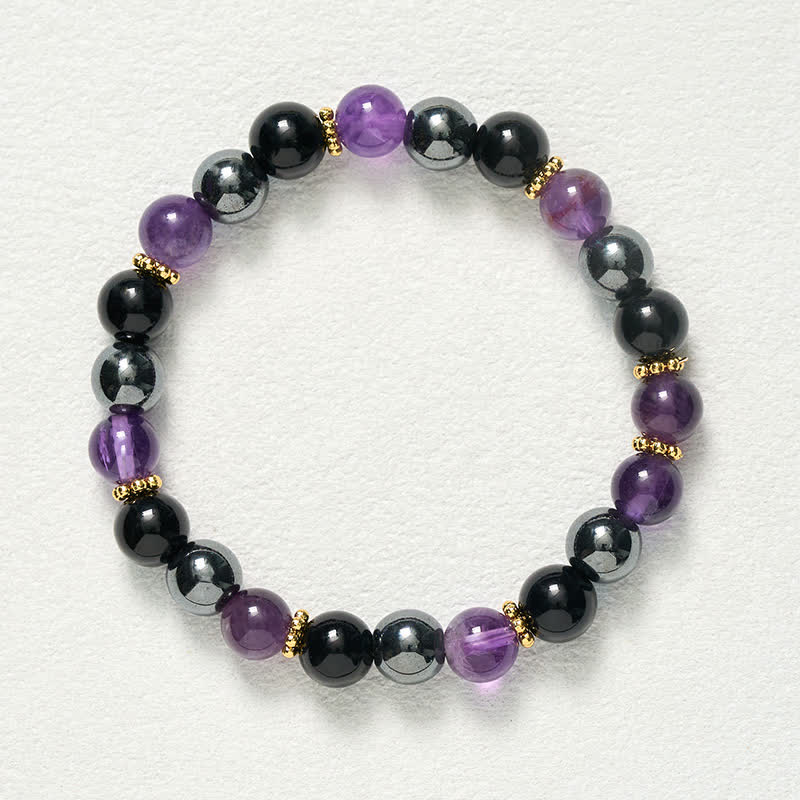 Buddha Stones Bracelet de méditation en perles d'améthyste, d'obsidienne noire et d'hématite - image 9
