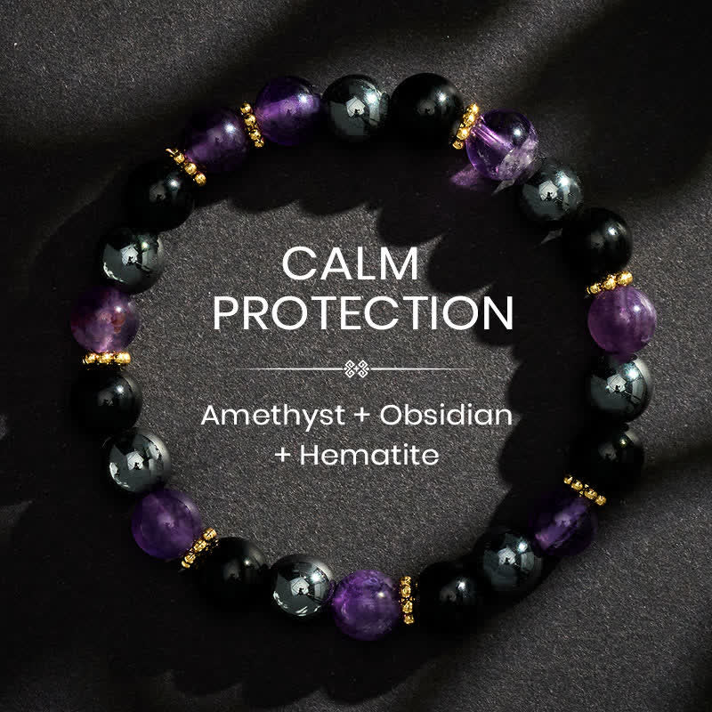 Buddha Stones Bracelet de méditation en perles d'améthyste, d'obsidienne noire et d'hématite - 8 mm - image 0