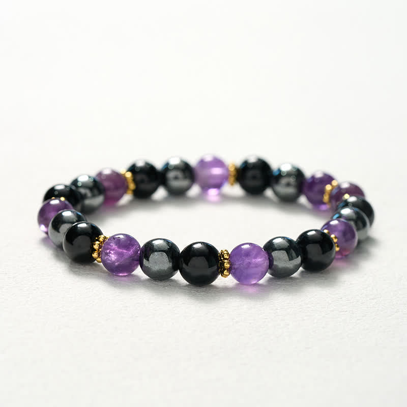 Buddha Stones Bracelet de méditation en perles d'améthyste, d'obsidienne noire et d'hématite - image 10