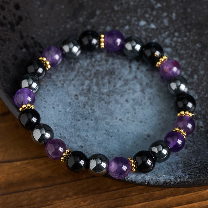 Buddha Stones Bracelet de méditation en perles d'améthyste, d'obsidienne noire et d'hématite - image 3