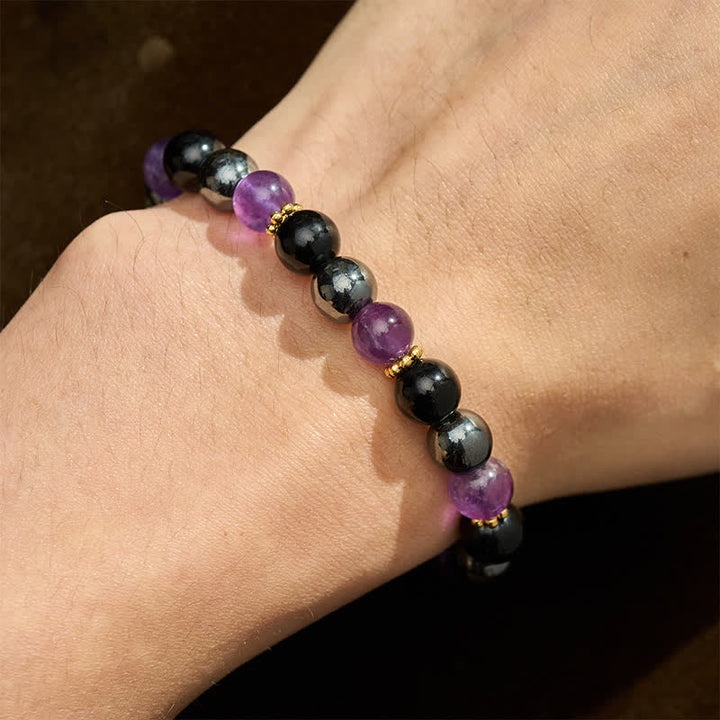 Buddha Stones Bracelet de méditation en perles d'améthyste, d'obsidienne noire et d'hématite - image 4