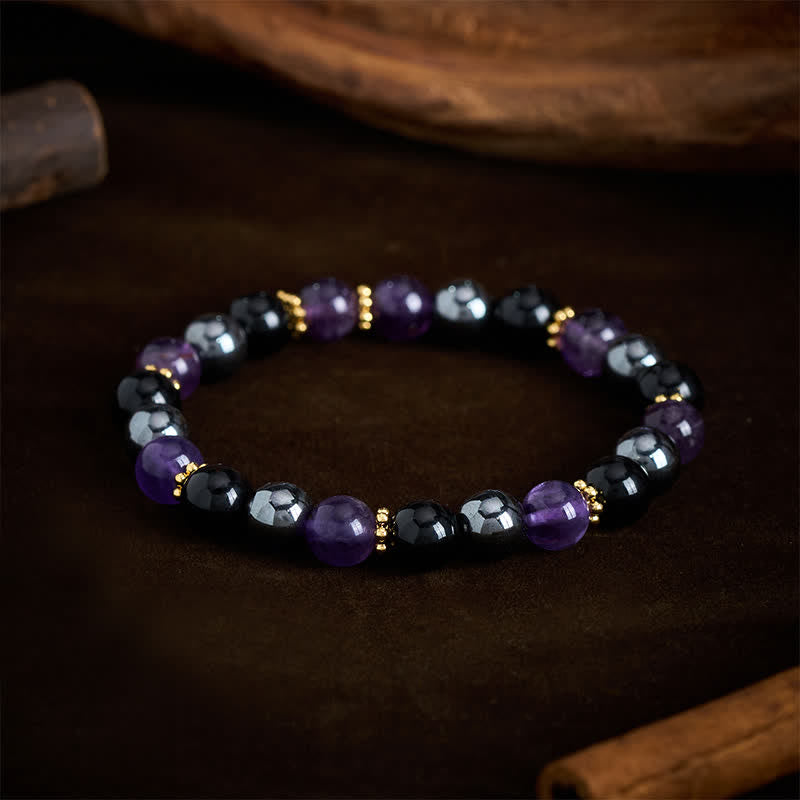 Buddha Stones Bracelet de méditation en perles d'améthyste, d'obsidienne noire et d'hématite - image 2