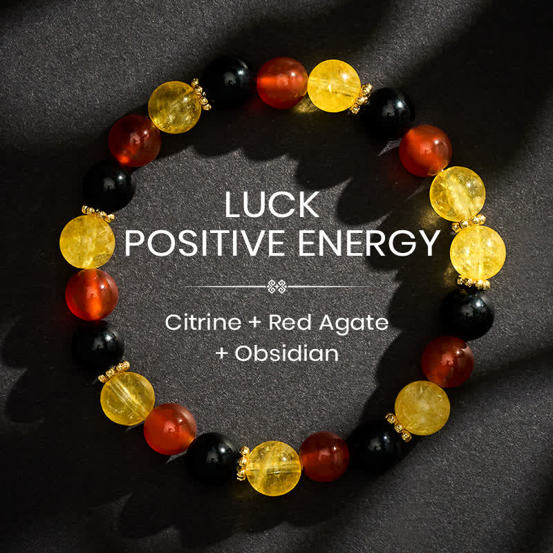 Buddha Stones Bracelet de générosité en perles de citrine, agate rouge et obsidienne noire - 8 mm - image 0