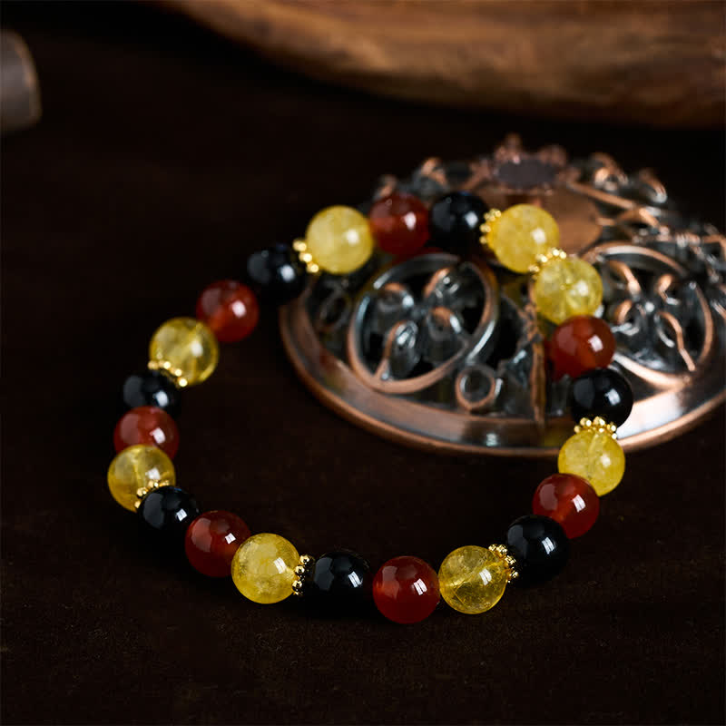 Buddha Stones Bracelet de générosité en perles de citrine, agate rouge et obsidienne noire - image 1
