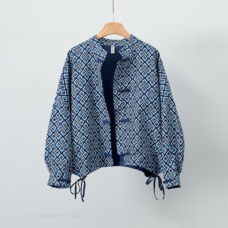 Buddha Stones Vestes féminines bohèmes décontractées printanières à cordon de serrage et à motifs géométriques - Marine - US12, UK/AU16, EU44 (XL) - image 0