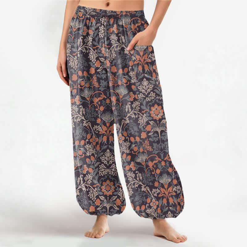 Buddha Stones Pantalon harem pour femme en coton à motif floral cachemire vintage, taille élastique et poches latérales - SaddleBrown - US16，UK/AU20，EU48 (3XL) - image 0