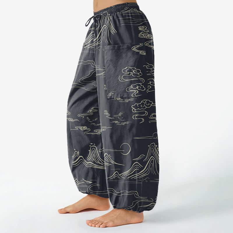 Buddha Stones Pantalon harem pour femme en coton à motif de nuages ​​et de montagnes orientales, taille élastique et poches latérales - image 1