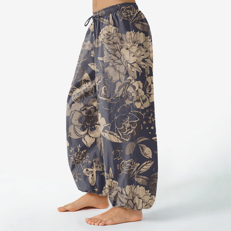 Buddha Stones Pantalon harem pour femme en coton vintage à motif floral pivoine chrysanthème, taille élastique et poches latérales - image 1