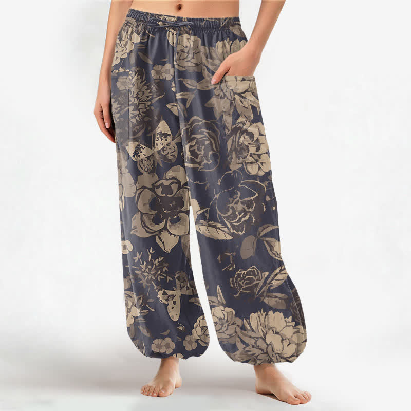 Buddha Stones Pantalon harem pour femme en coton vintage à motif floral pivoine chrysanthème, taille élastique et poches latérales - Bleu ardoise foncé - US16，UK/AU20，EU48 (3XL) - image 0