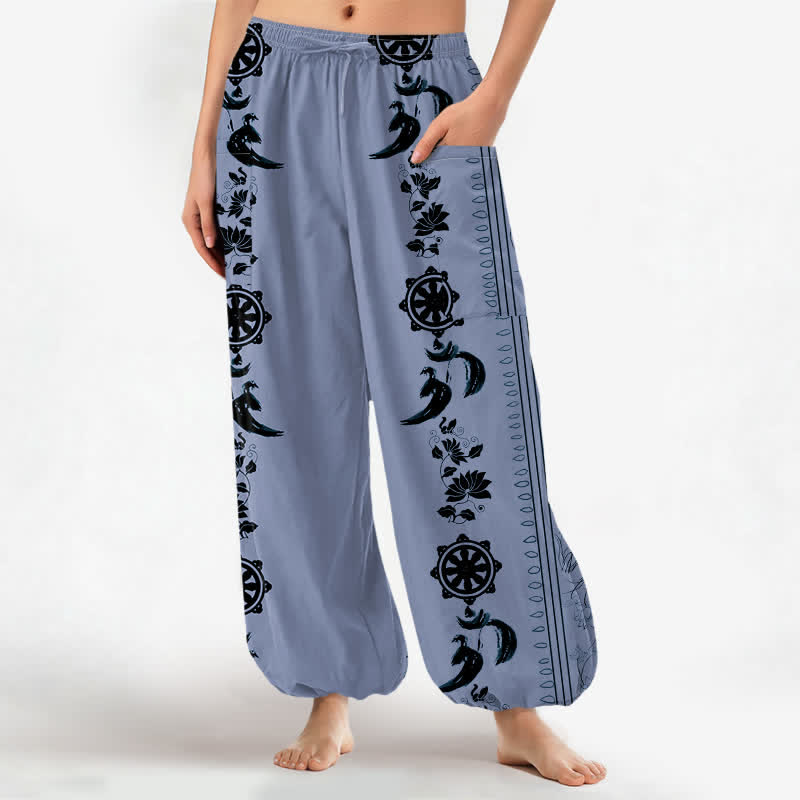 Buddha Stones Pantalon harem pour femme en coton bohème à rayures, motif lotus OM et taille élastique, avec poches latérales - Bleu acier clair - US16，UK/AU20，EU48 (3XL) - image 0