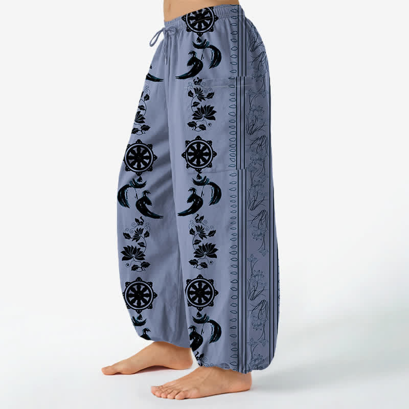 Buddha Stones Pantalon harem pour femme en coton bohème à rayures, motif lotus OM et taille élastique, avec poches latérales - image 1