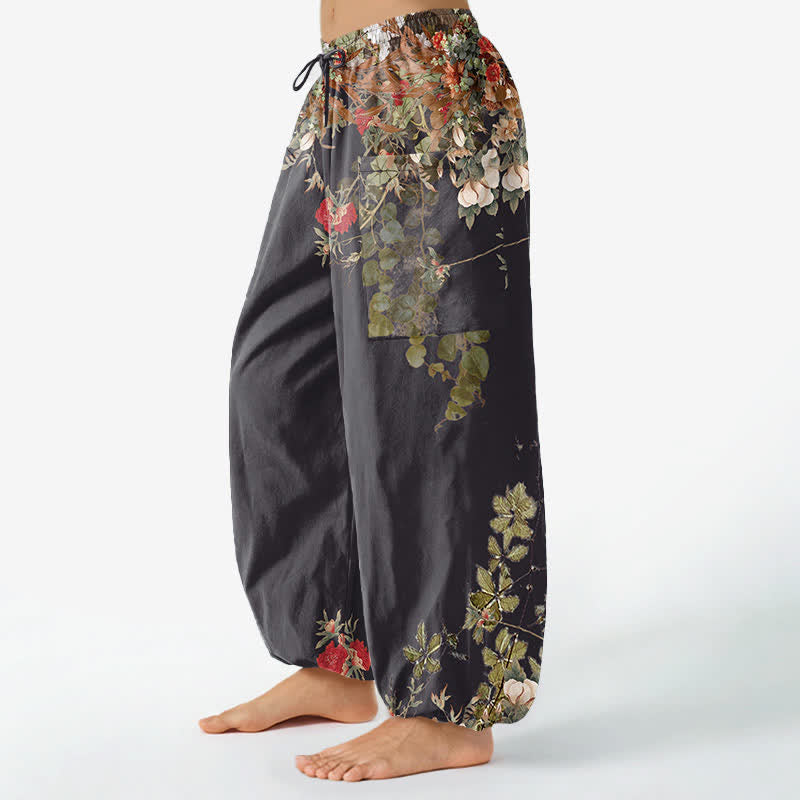 Buddha Stones Pantalon harem pour femme en coton vintage à motif de pivoines rouges et de vigne, taille élastique et poches latérales - image 1