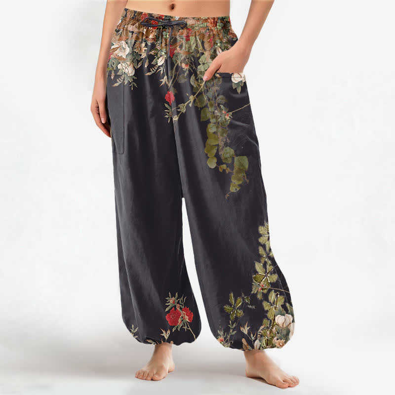 Buddha Stones Pantalon harem pour femme en coton vintage à motif de pivoines rouges et de vigne, taille élastique et poches latérales - Noir - US16，UK/AU20，EU48 (3XL) - image 0