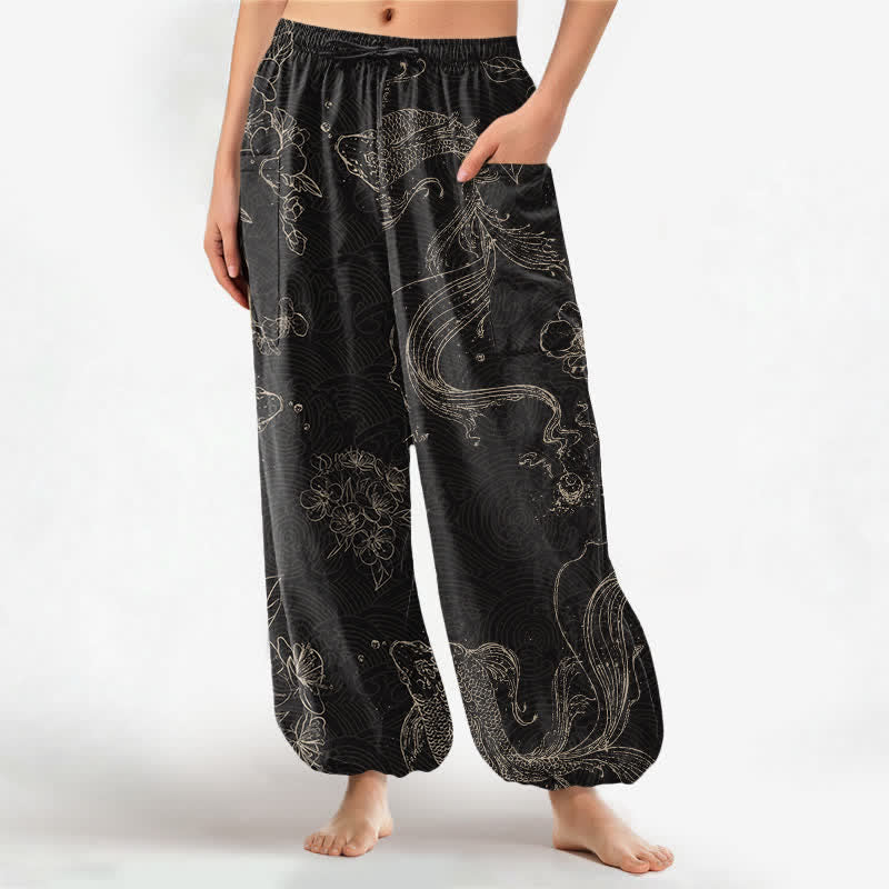 Buddha Stones Pantalon harem pour femme en coton à motif floral et carpes koï, taille élastique et poches latérales - Noir - US16，UK/AU20，EU48 (3XL) - image 0