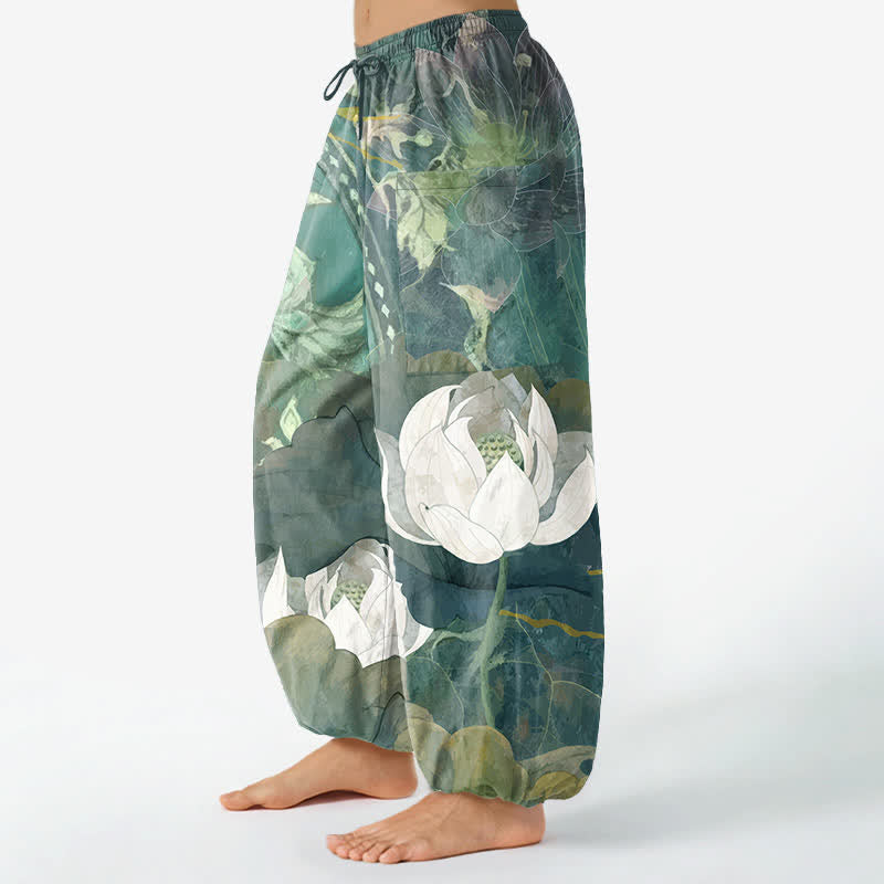 Buddha Stones Pantalon harem pour femme en coton blanc à motif de feuilles de lotus, taille élastique et poches latérales - image 1