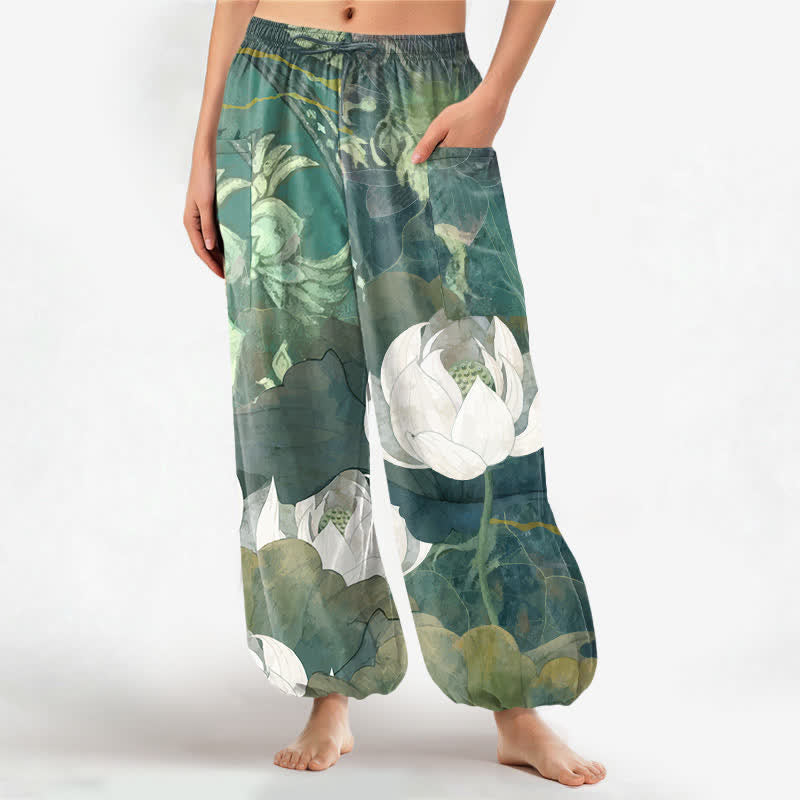 Buddha Stones Pantalon harem pour femme en coton blanc à motif de feuilles de lotus, taille élastique et poches latérales - Vert d'eau - US16，UK/AU20，EU48 (3XL) - image 0